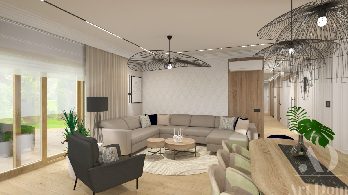 Nowoczeny salon z czarnymi dodatkami
