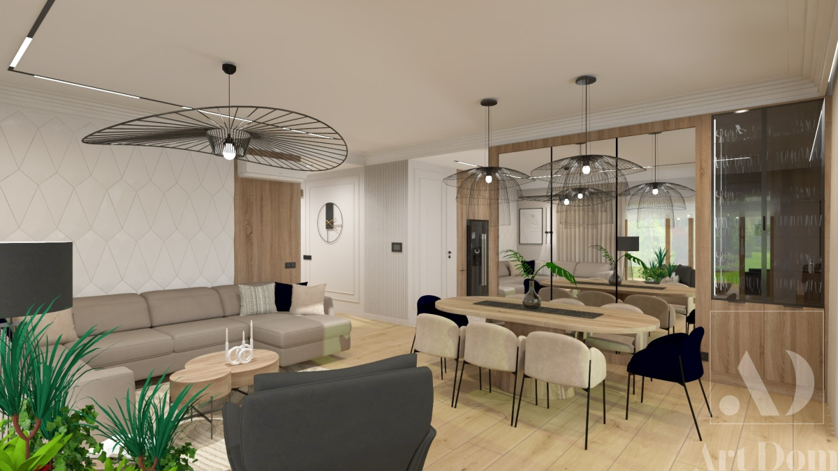 Piękny salon ze stołem i szklaną ścianą